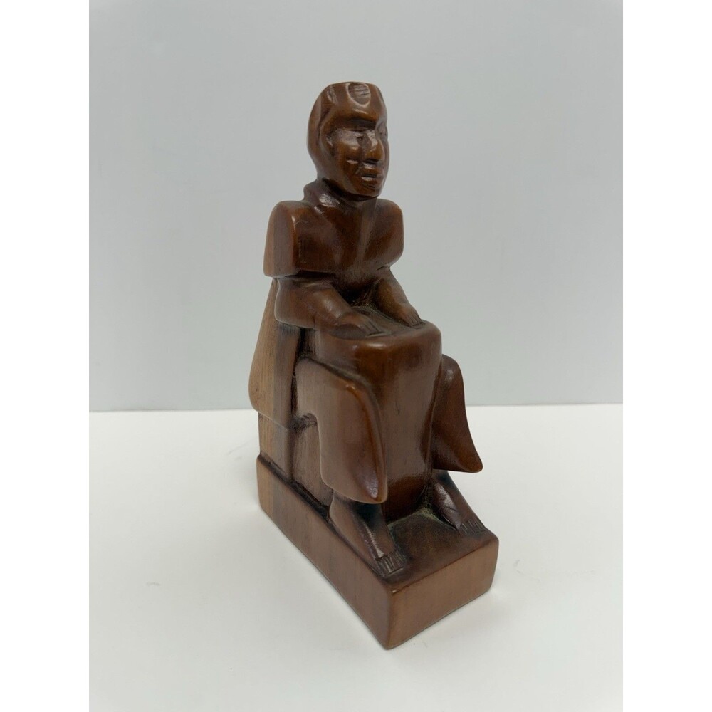 Vintage Hand Carved Wood Seated Woman Figure Sculpture Folk Art 8” Hardwood